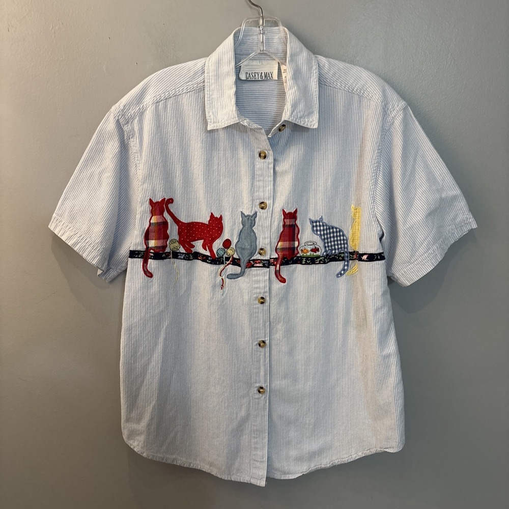 VTG  Casey & Max Button Up Blue Striped Embroidered Cats Cottagecore 90's Size L